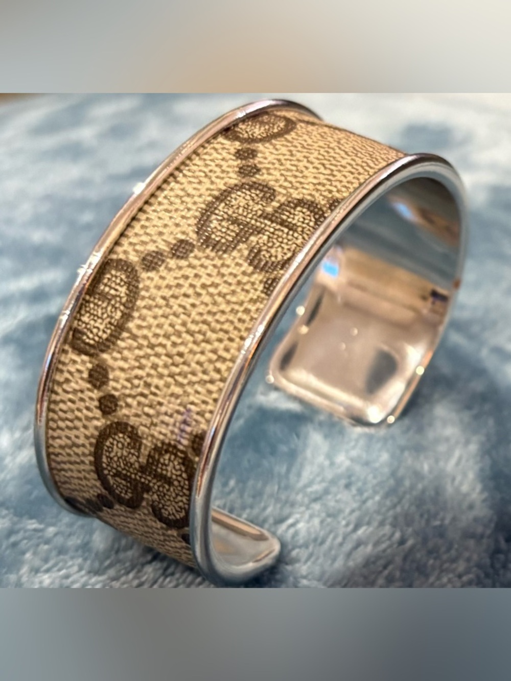 Gucci GG  Monogram Authentic Canvas on Silver Cuff Bracelet